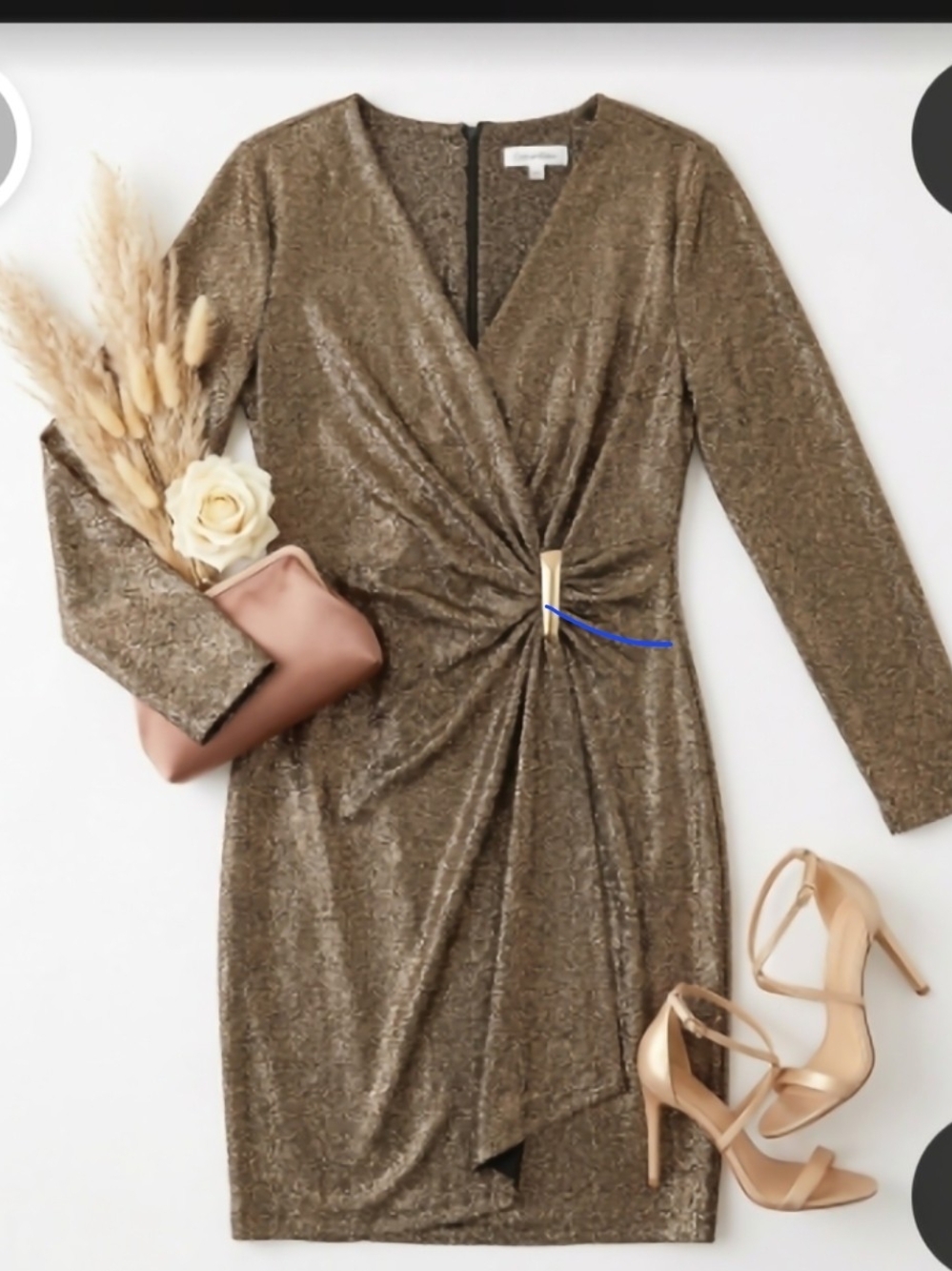 Calvin Klein Metallic Bronze Twist-Front Long Sleeve Dress